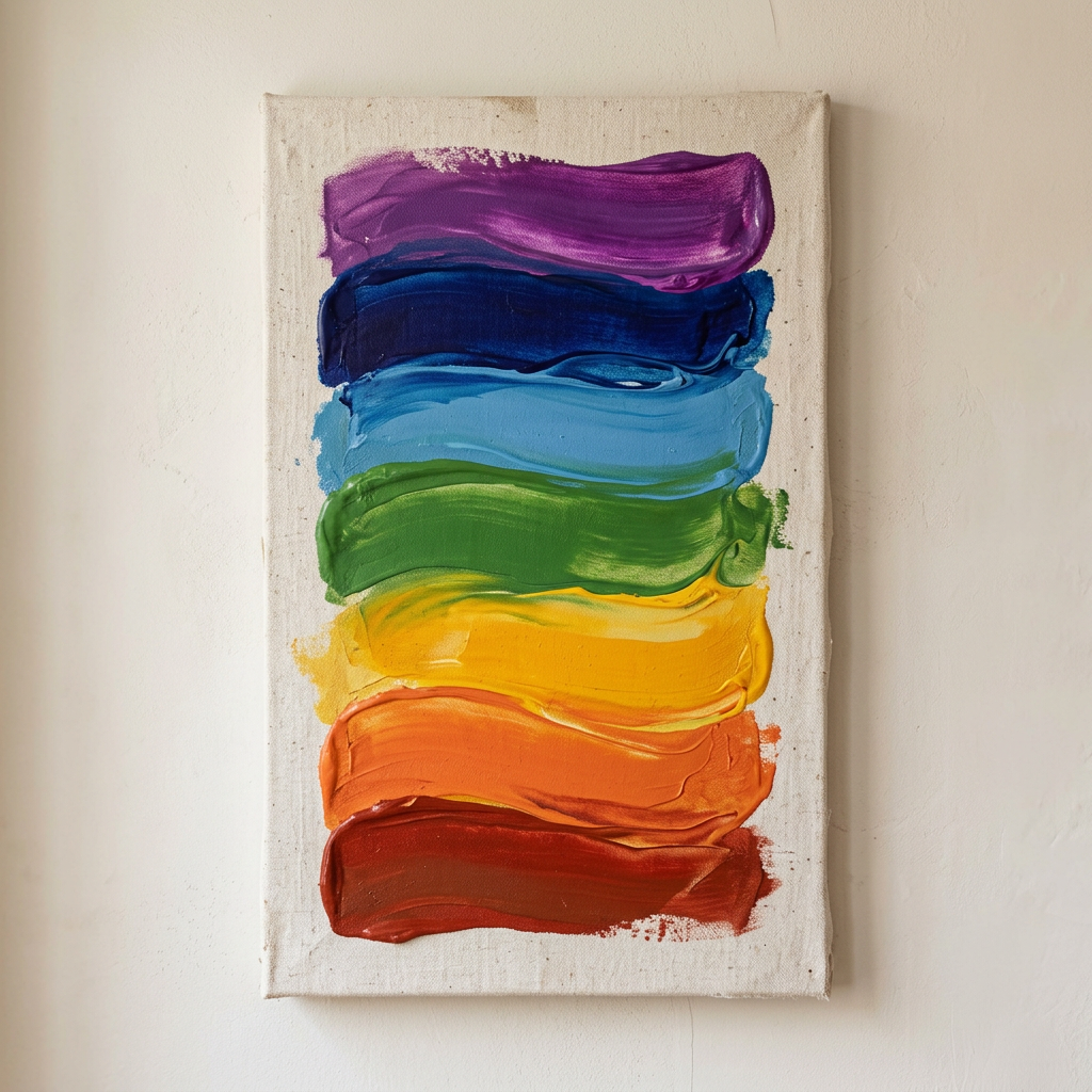Canvas with horizontal brushstrokes of purple, blue, light blue, green, yellow, orange, and red paint